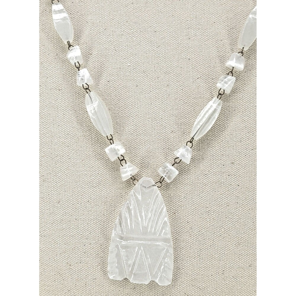 Vintage White Quartz Face Pendant Necklace Infinity Loop Silver Tone 17 In 103g